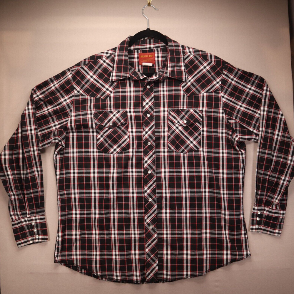 VTG Rustler Mens Size XL Black Red X-Long Tails Pearl Snap Striped Western Shirt